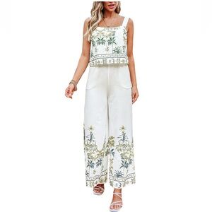 NWT Off-White Jumpsuit with Green Tropical Print